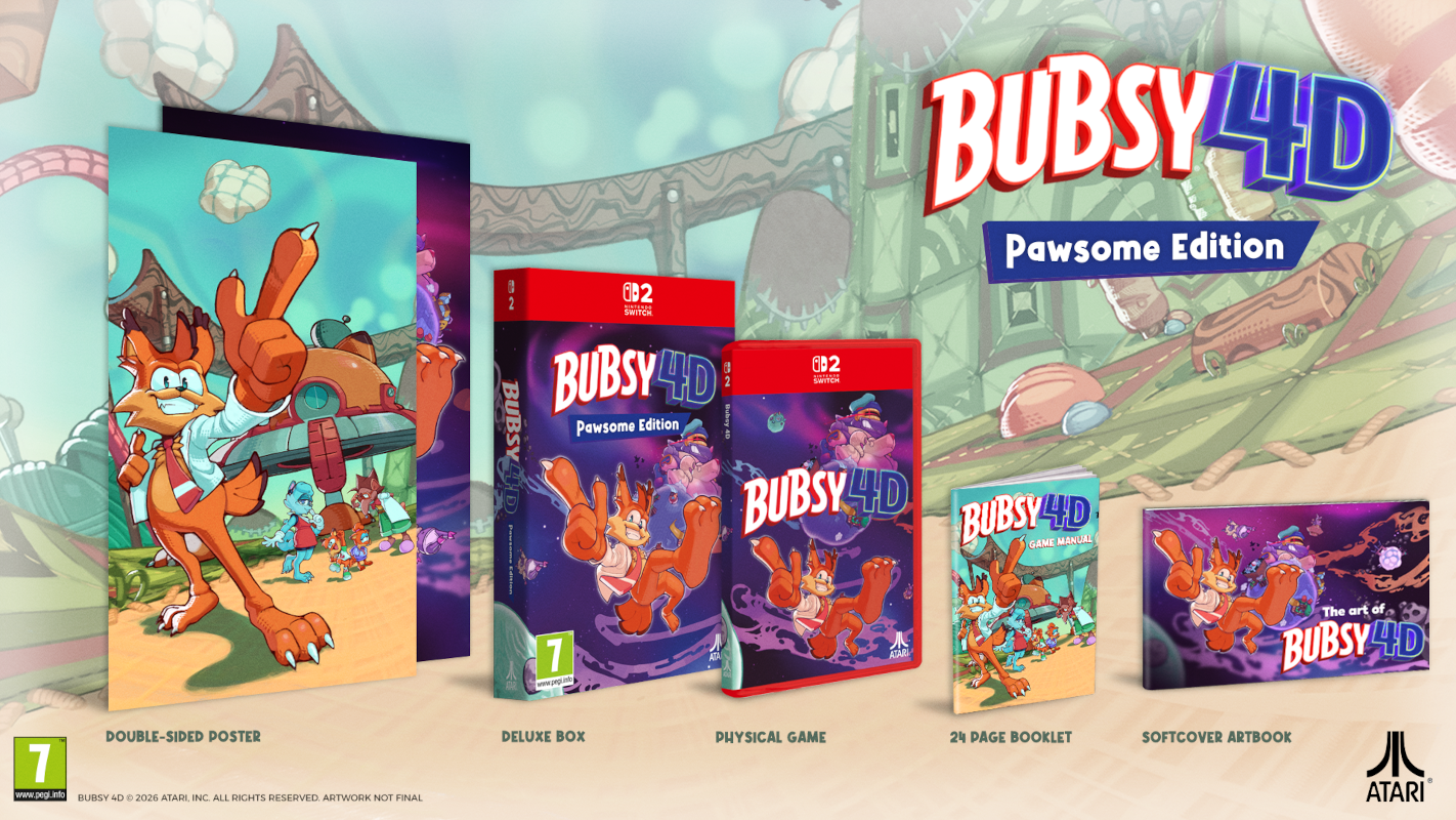 Bubsy 4D Pawsome Edition játéktartalom: poszter, deluxe doboz, játék, kézikönyv, artbook.