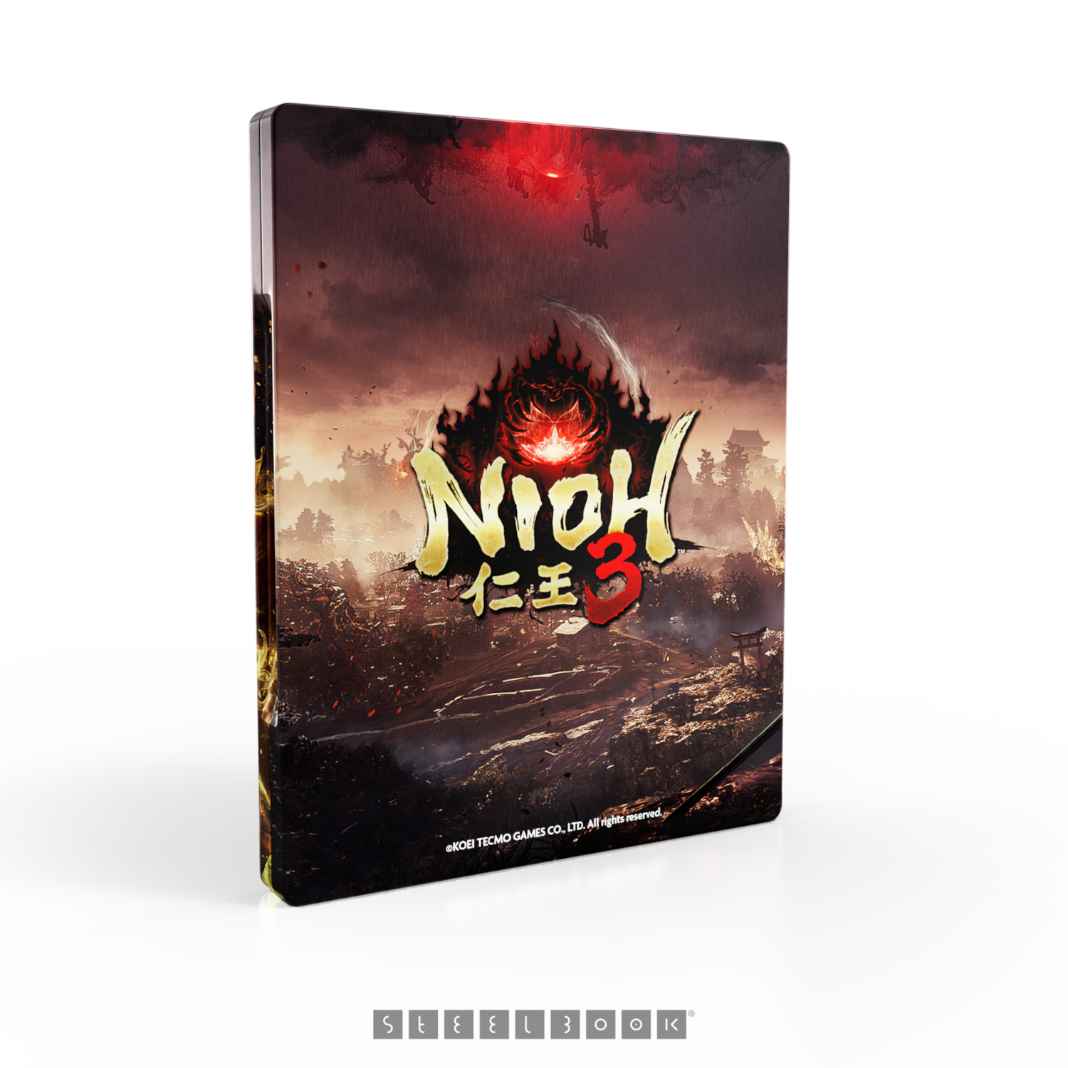 Nioh 3 steelbook japán szöveggel, vörös fénnyel és stilizált figurával.