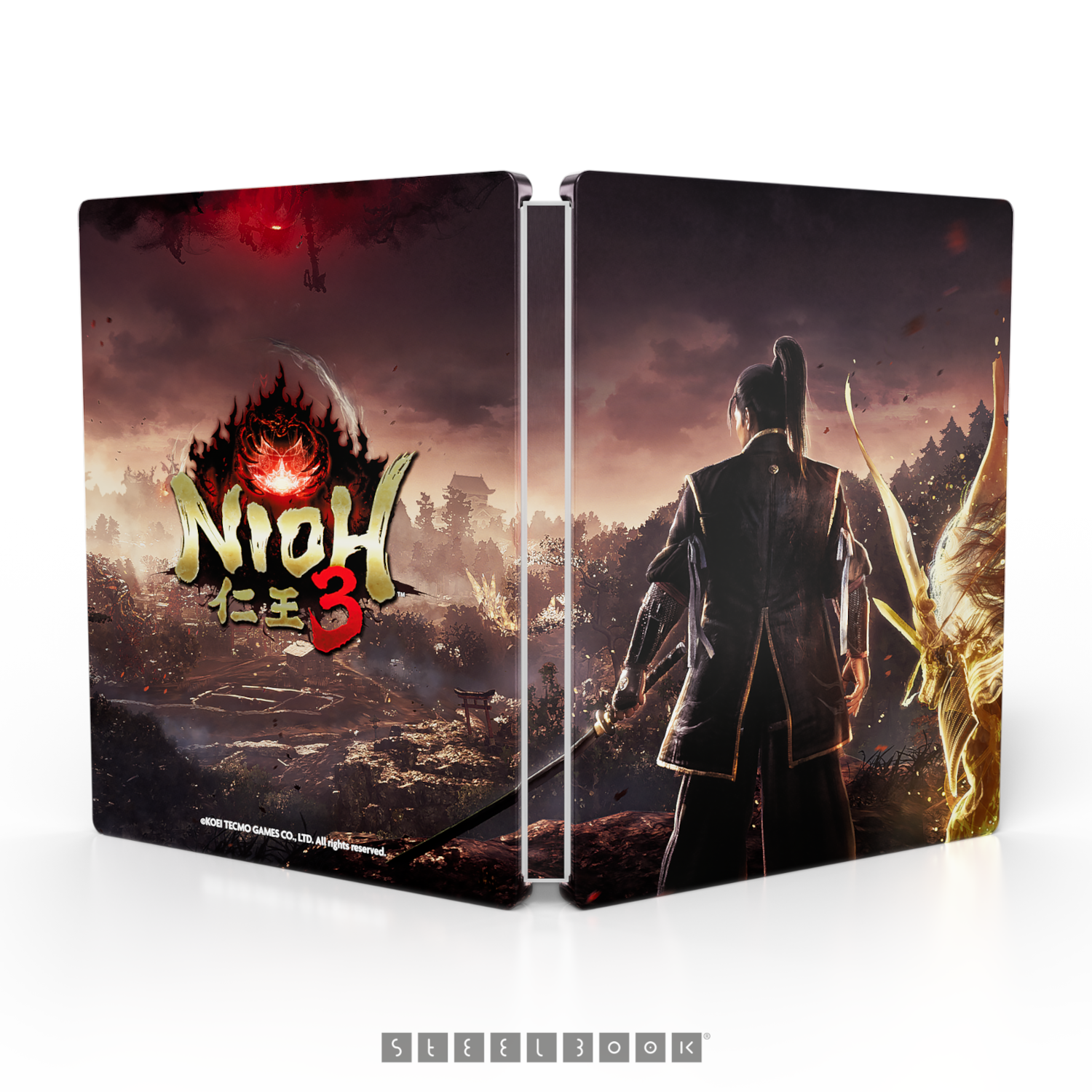 Egy kardos harcos áll egy misztikus táj előtt, Nioh 3 logóval.