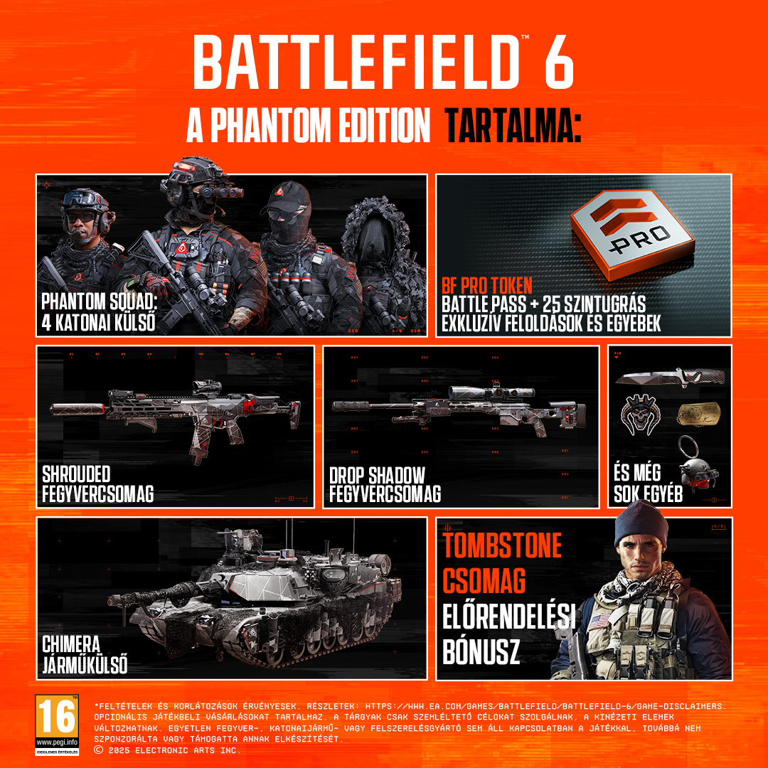 Battlefield 6 Phantom Edition tartalma: Phantom osztag, fegyver skinek, BF Pro Token, tank és több.