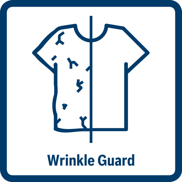 Yarım bölünmüş tişört ikonu. Sol tarafı kırışık, sağ tarafı düz. Yazı: Wrinkle Guard.