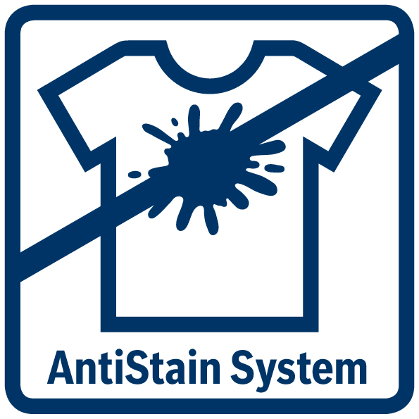 Mürekkep lekesi olan tişört ikonu, üzeri çizili. "AntiStain System"