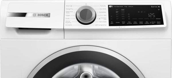 Dijital ekranlı ve kontrol düğmeli beyaz Bosch çamaşır makinesi.