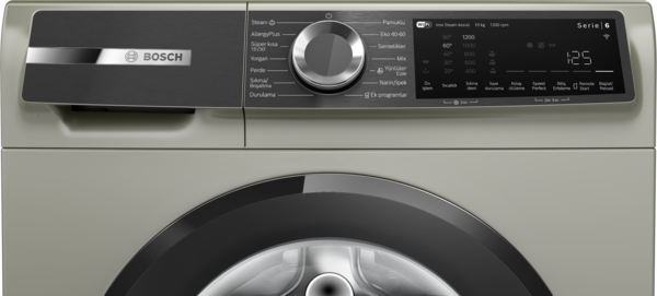 Kontrol paneli ve tamburun bir kısmını gösteren Bosch çamaşır makinesinin ön görünümü.