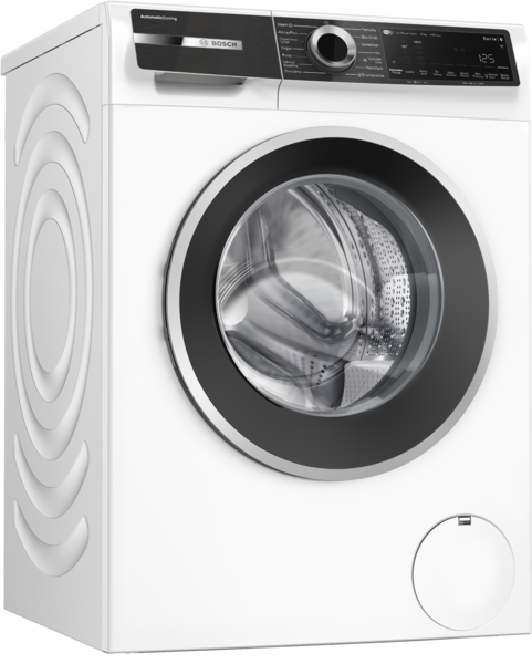 Gümüş kapılı, siyah kenarlı beyaz bir Bosch çamaşır makinesi.