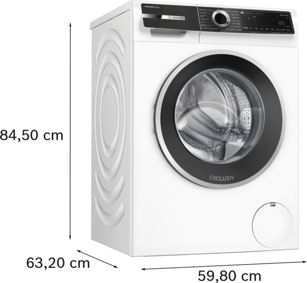 Siyah yuvarlak camlı ve kontrol panelli beyaz Bosch çamaşır makinesi.