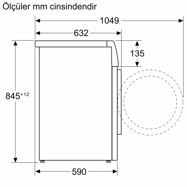 Cihazın teknik çizimi ölçülerle: Yükseklik 845, Genişlik 632, Derinlik 590, Toplam 1049.