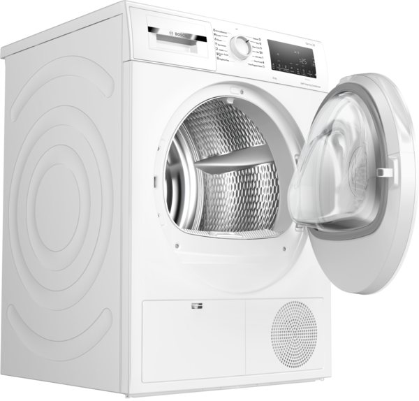 Açık kapılı, tamburu görünen beyaz Bosch kurutma makinesi.