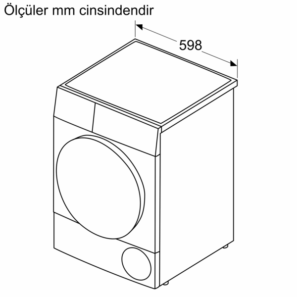 Kapılı ve kontrol panelli bir kurutma makinesinin şematik çizimi. Genişlik 598 mm.