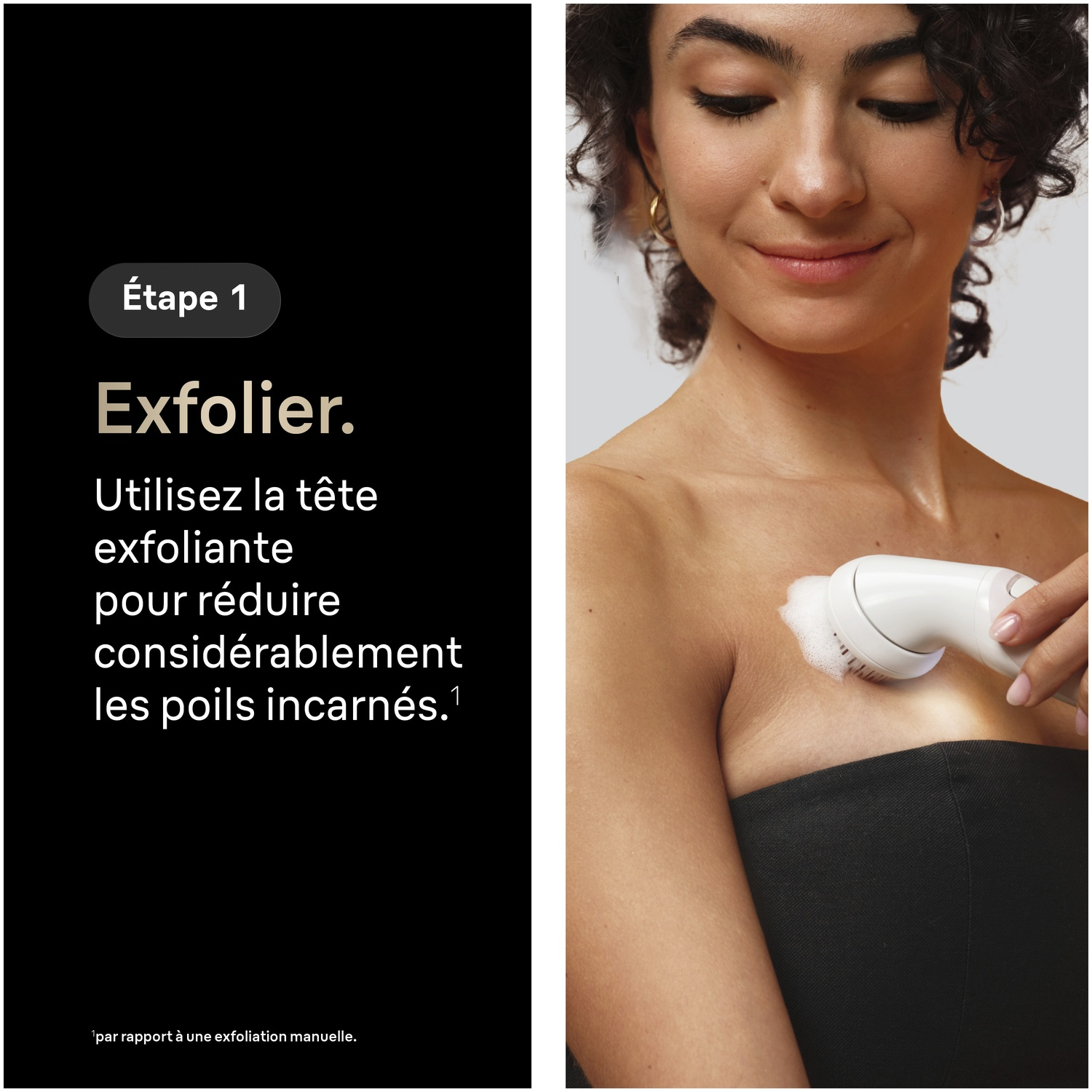 Une femme utilise une brosse nettoyante électrique avec de la mousse sur sa peau.