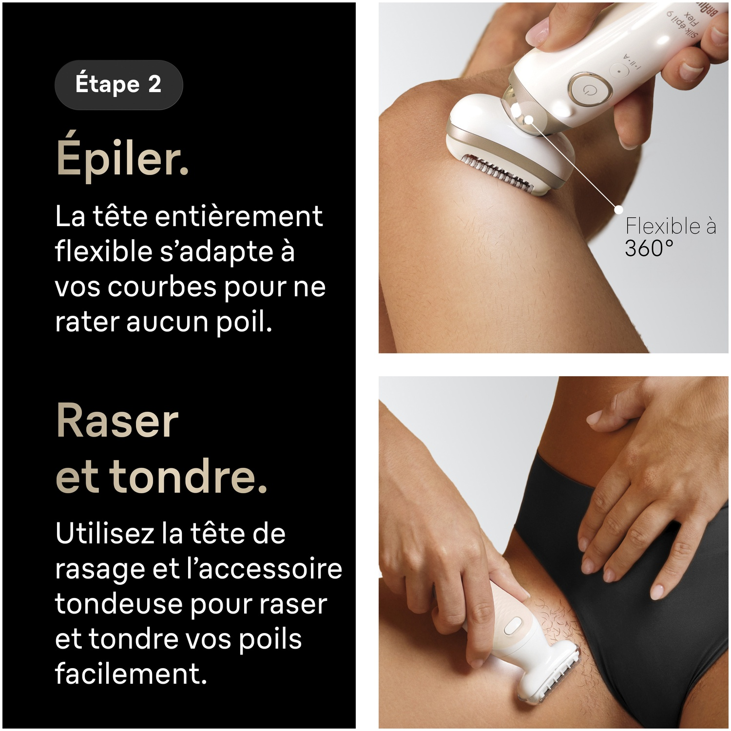 Un épilateur est montré sur une jambe; une deuxième image le montre dans la zone du bikini.
