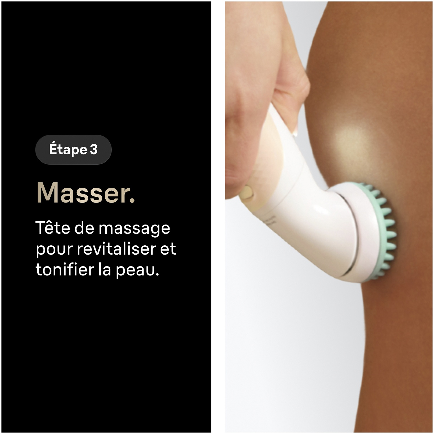 Une main tenant un appareil de massage blanc appliqué sur la peau d'une jambe.