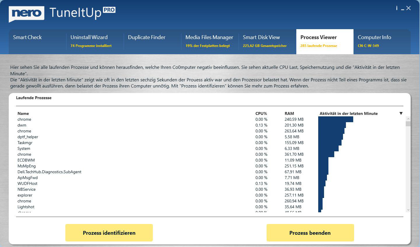 Nero TuneItUp Pro: Prozessliste mit CPU- und RAM-Auslastung.