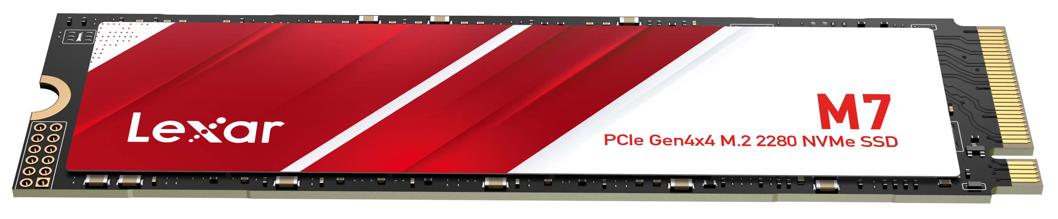Lexar M7 PCIe Gen4x4 M.2 2280 NVMe SSD mit rotem und weißem Design.