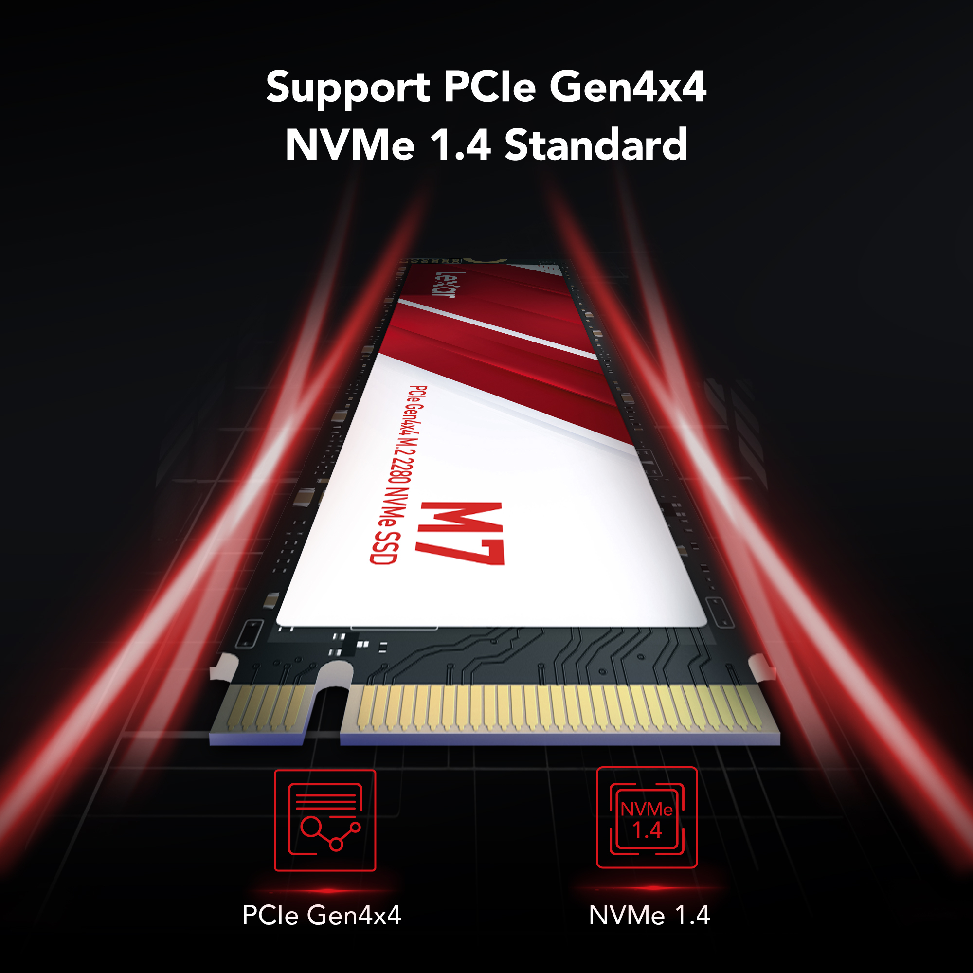 Lexar M7 SSD mit PCIe Gen4x4 und NVMe 1.4 Unterstützung, auf dunklem Hintergrund.