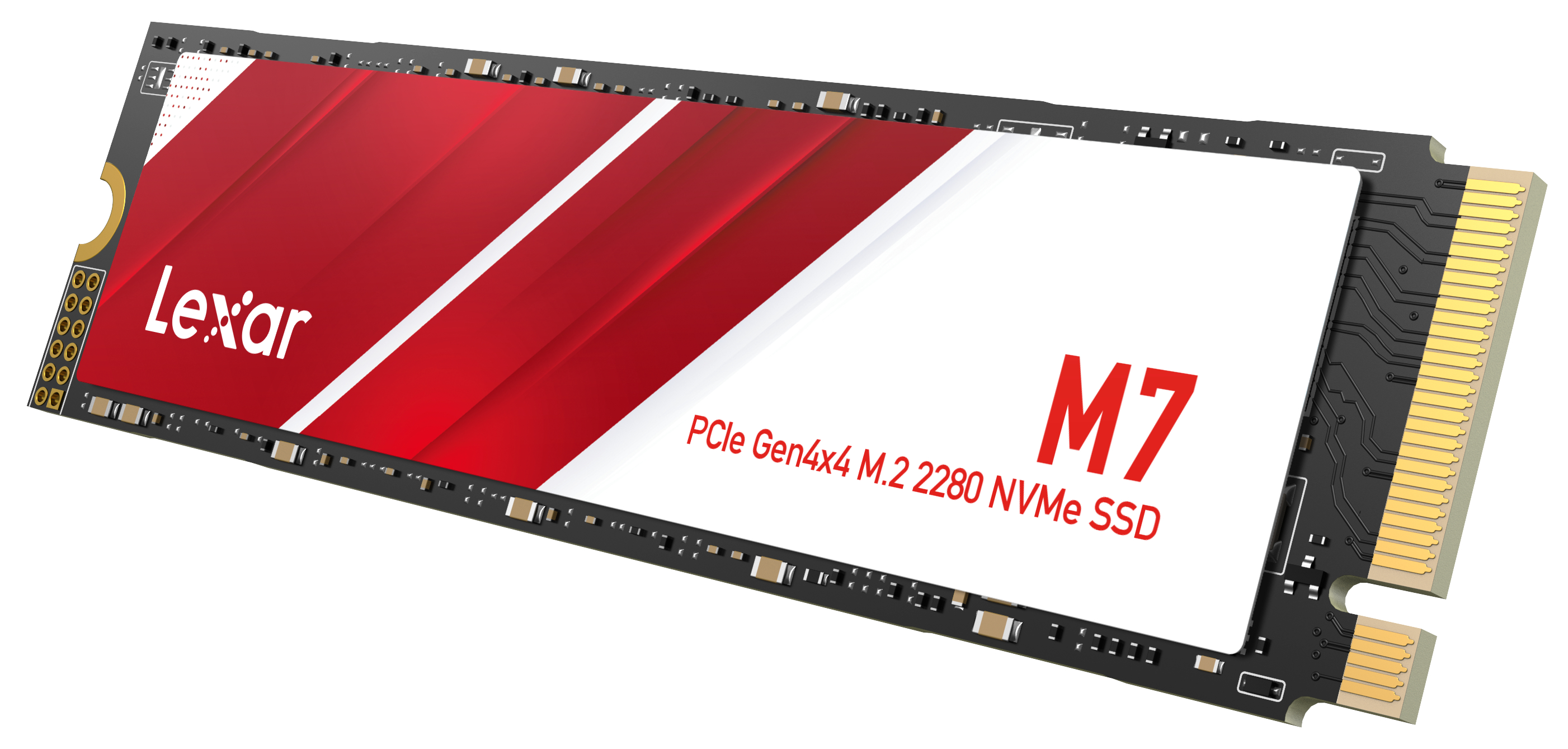 Eine Lexar M7 M.2 2280 NVMe SSD mit rotem Design und goldenen Anschlüssen.