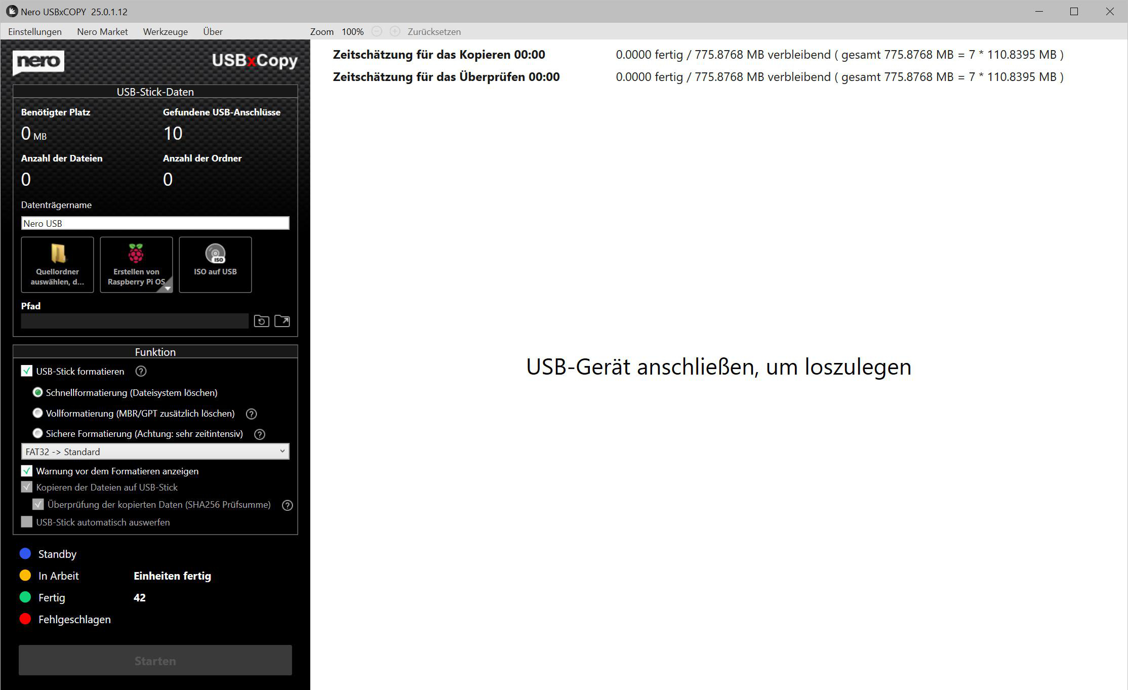 Nero USBxCOPY zeigt USB-Stick-Daten, Funktionen und einen Hinweis an, ein USB-Gerät anzuschließen.