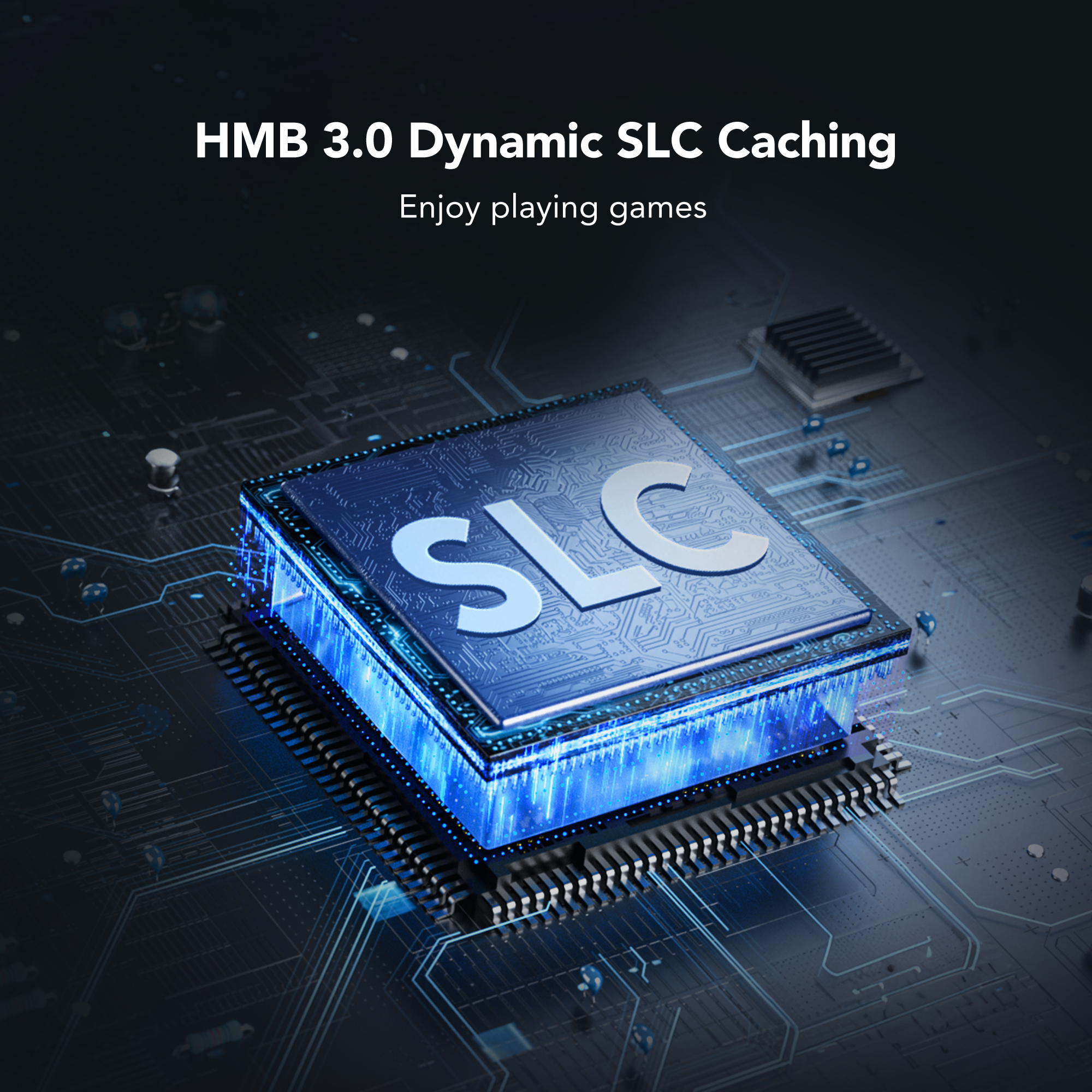 Ein leuchtender Computerchip mit der Aufschrift "SLC" auf einer Leiterplatte.