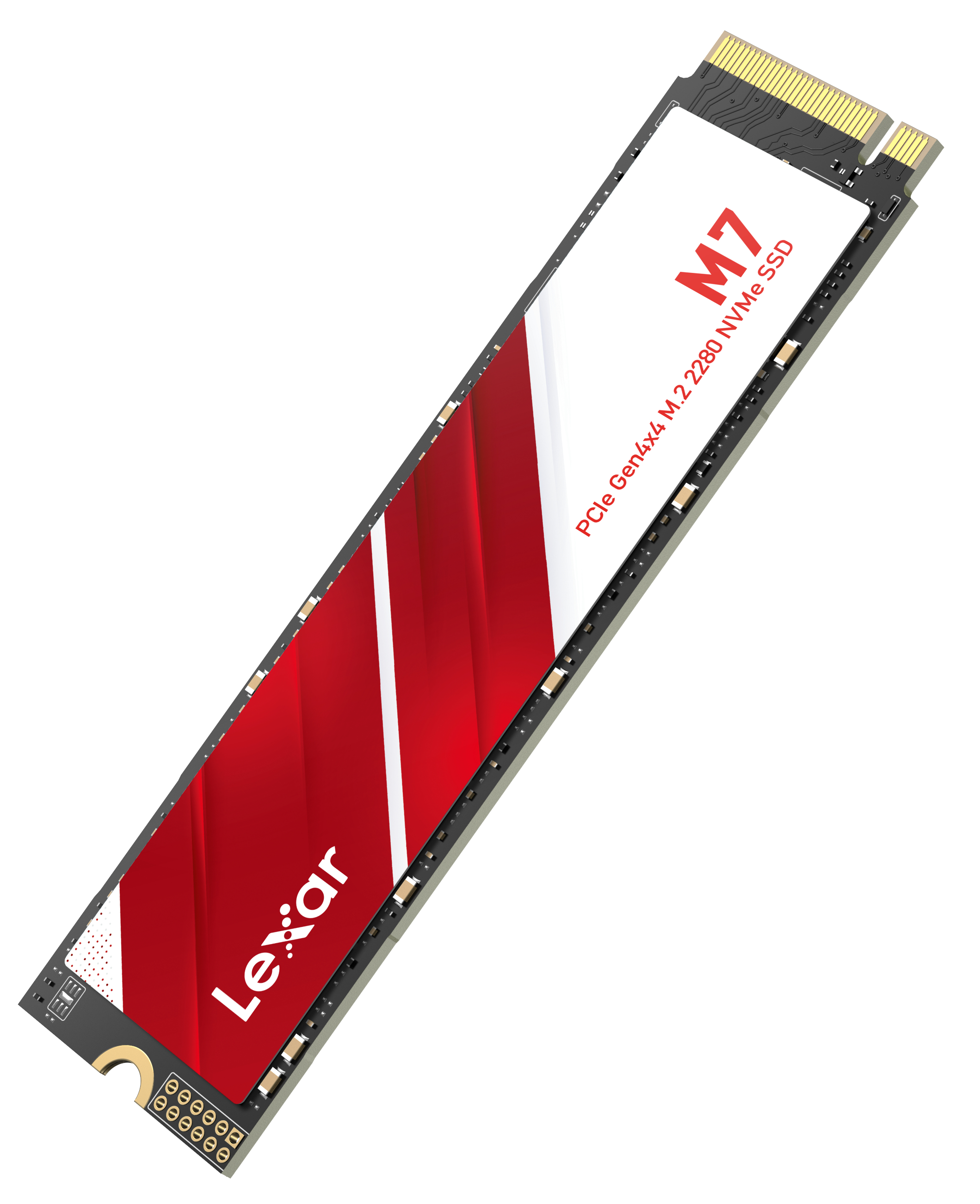 Lexar M7 M.2 2280 NVMe SSD mit rotem und weißem Design.