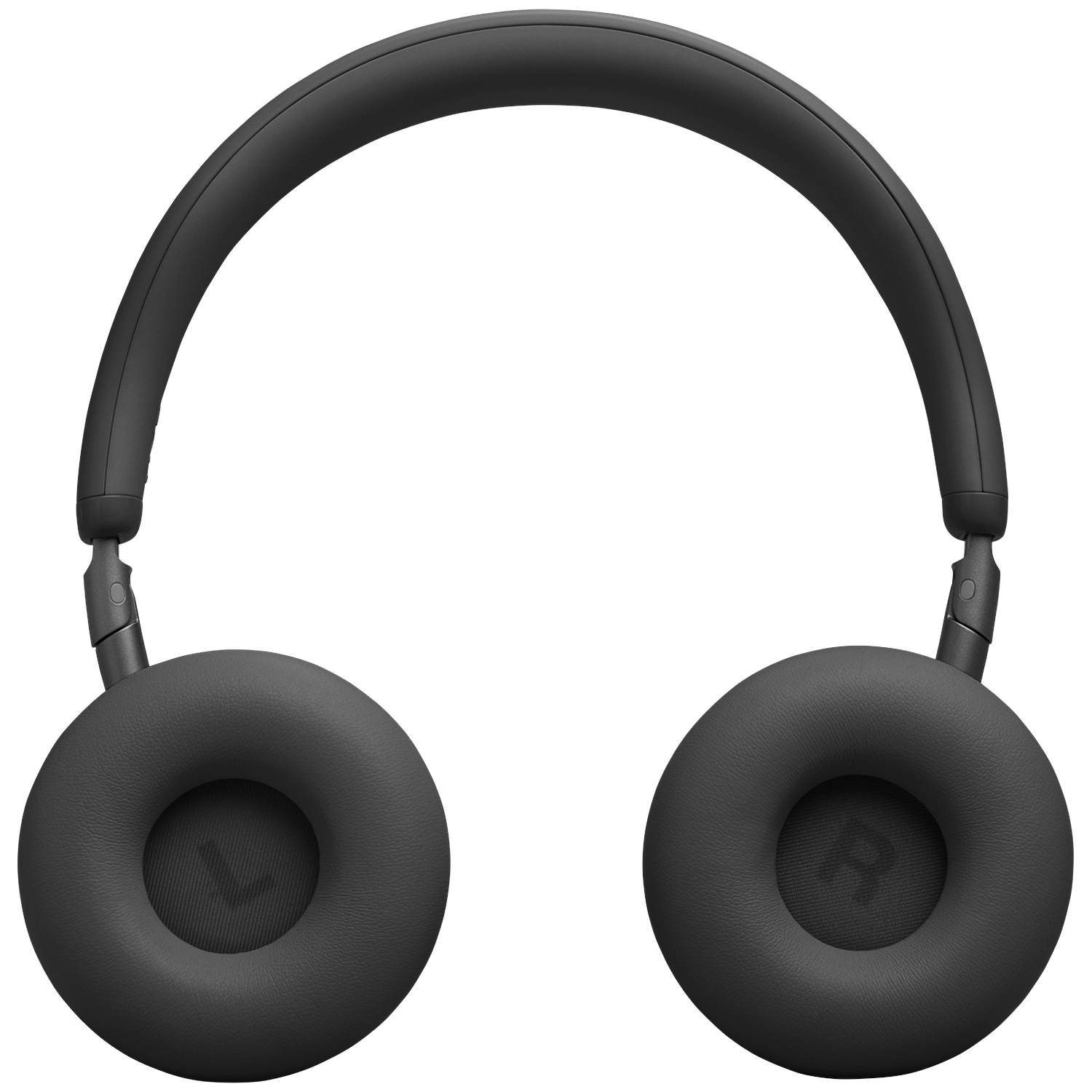 Dark gray headphones with padded earcups and a padded headband. Isolated on black.