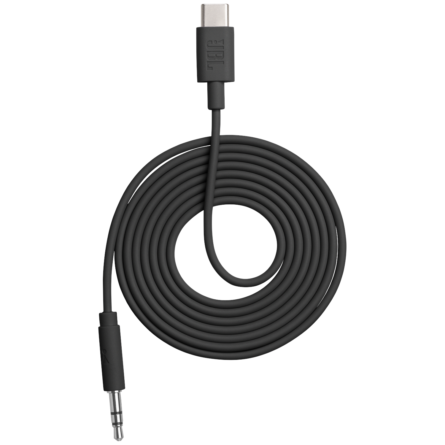 Black JBL cable with USB-C and 3.5mm connectors, coiled.