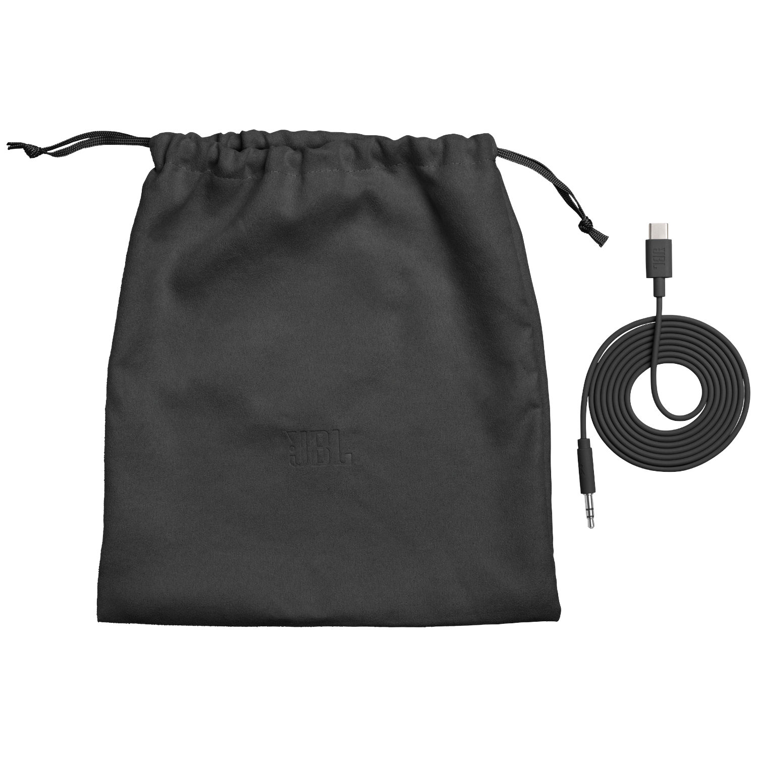 A black drawstring bag with a JBL logo and a coiled black USB-C cable with a jack plug.