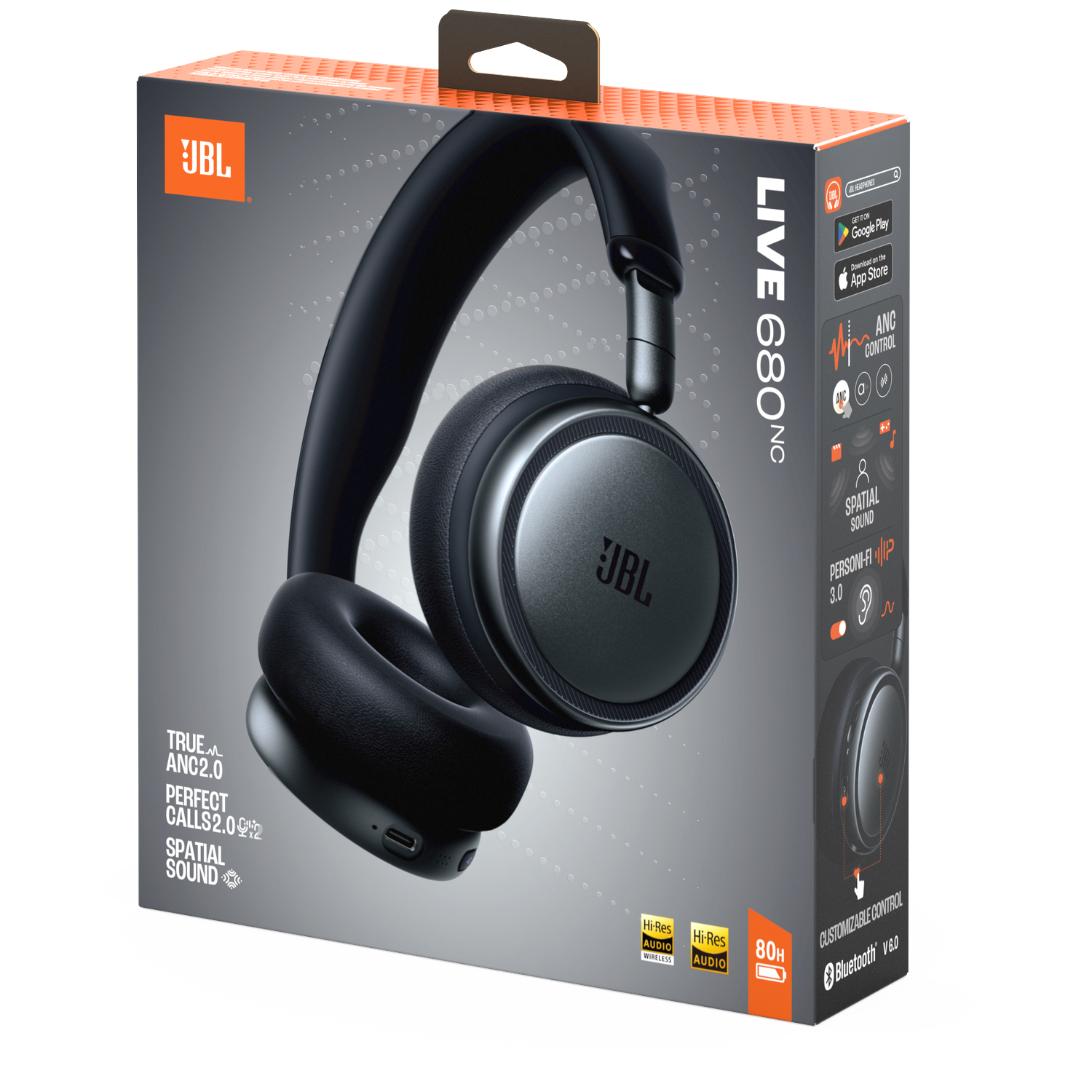 JBL Live 680NC headphones on a grey box with tech details.