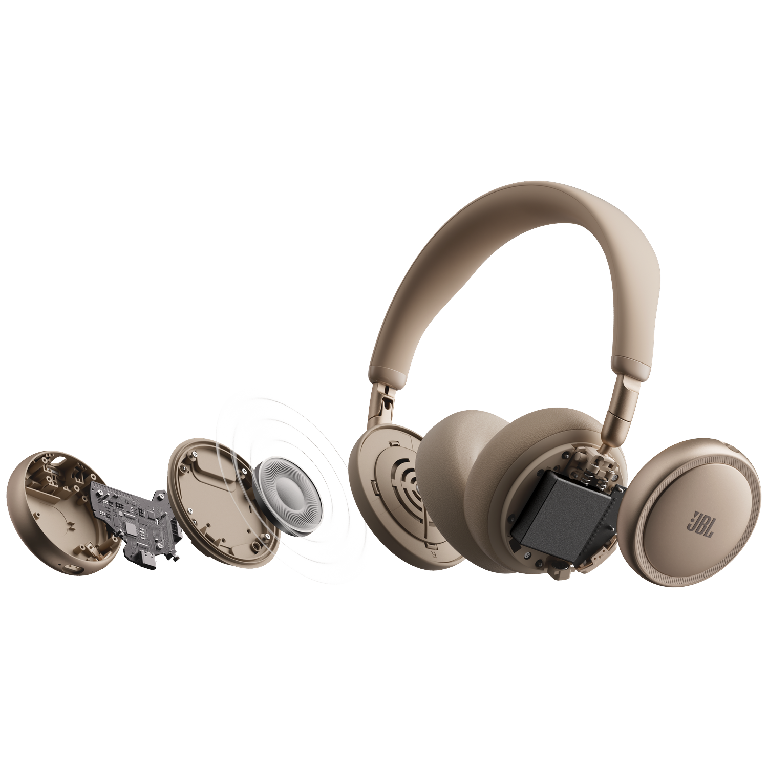 Exploded view of beige headphones showing exposed circuitry and speaker components.