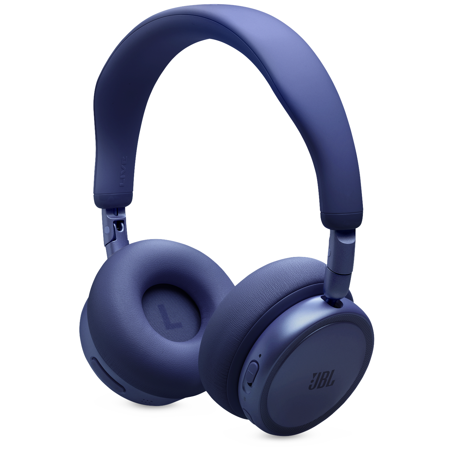 Dark blue JBL headphones with padded earcups and an adjustable headband.