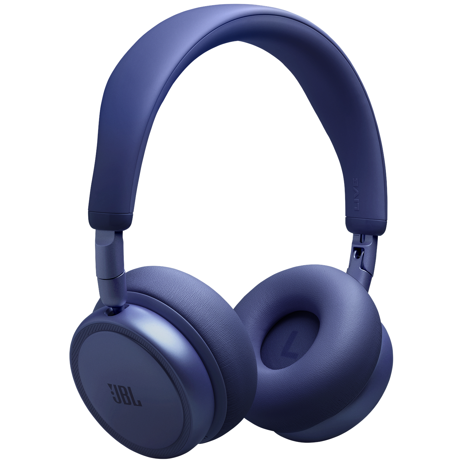Dark blue wireless headphones with padded earcups and JBL logo.