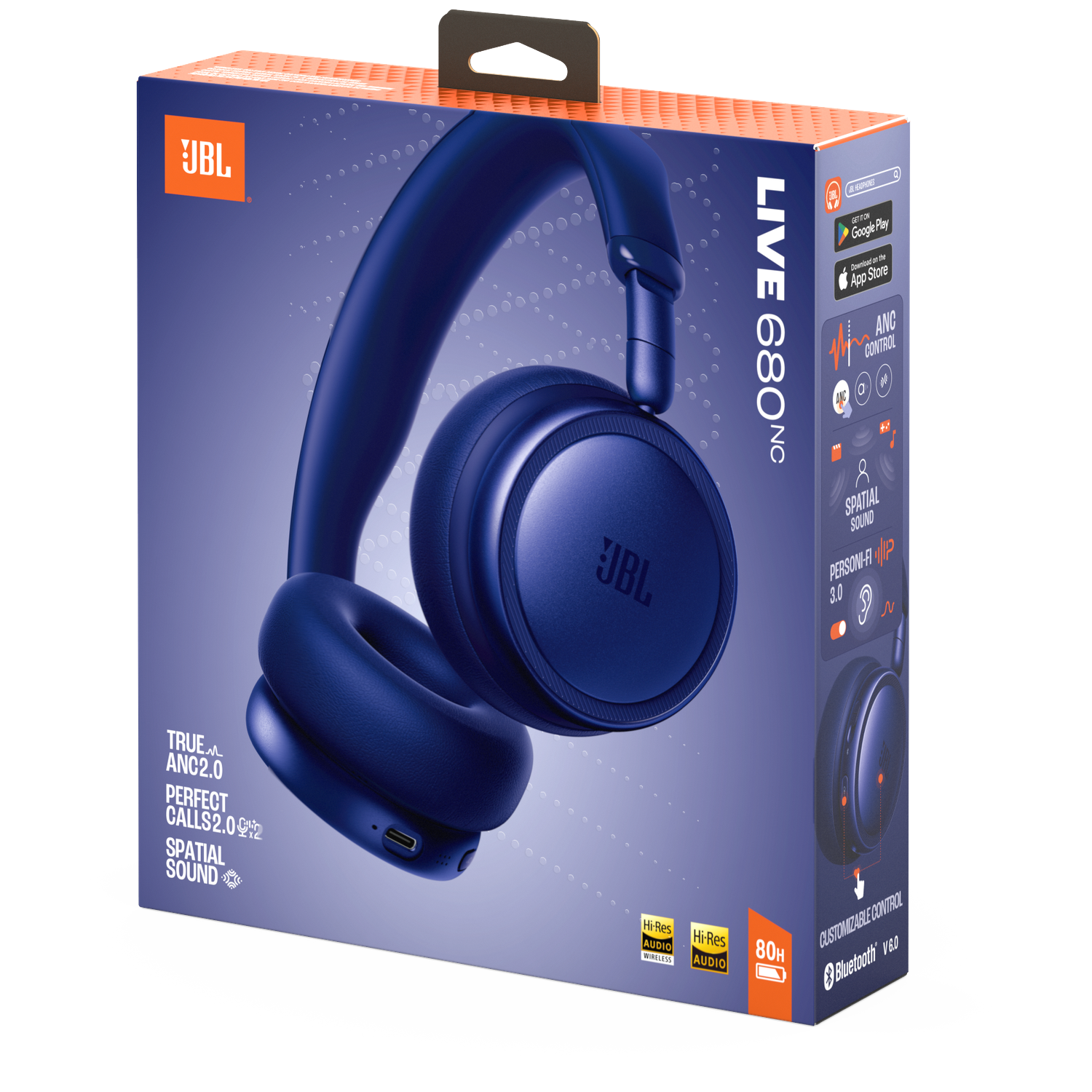 Dark blue JBL headphones with ANC on a blue box with product features.