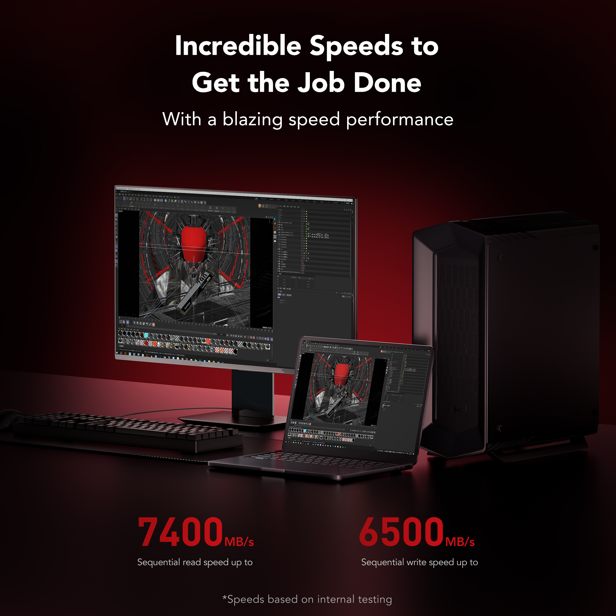 Ein schwarzer Desktop-PC, Monitor und Laptop zeigen 3D-Modelle. Geschwindigkeiten: 7400MB/s Lesen, 6500MB/s Schreiben.