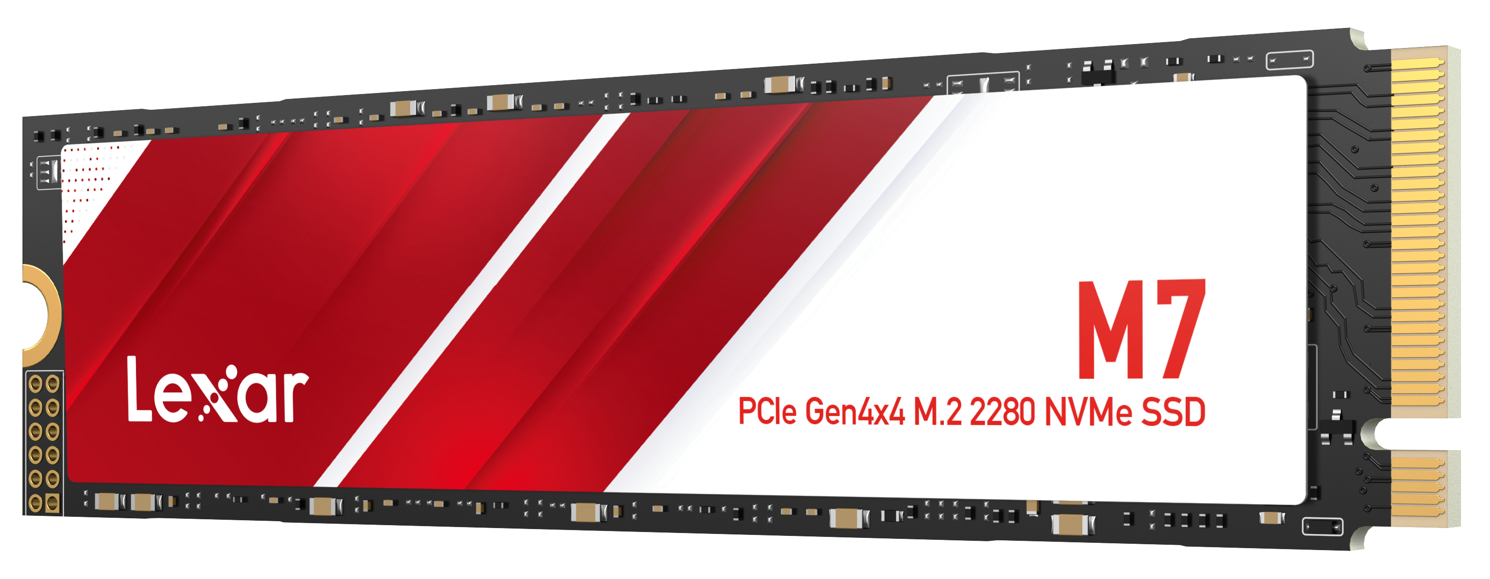 Lexar M7 M.2 2280 NVMe SSD mit rotem Design und goldenen Anschlüssen.