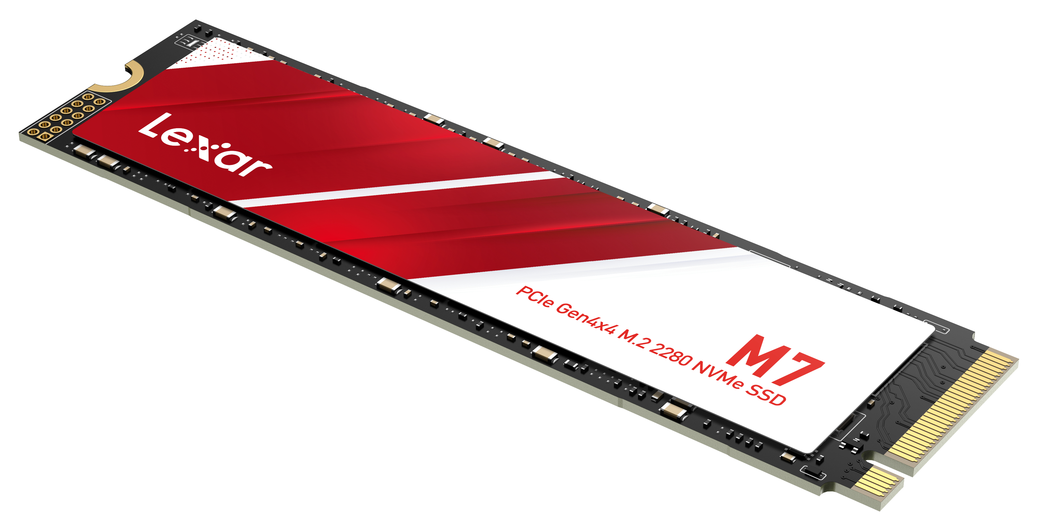 Lexar M7 PCIe Gen4x4 M.2 2280 NVMe SSD mit rotem und weißem Aufkleber.