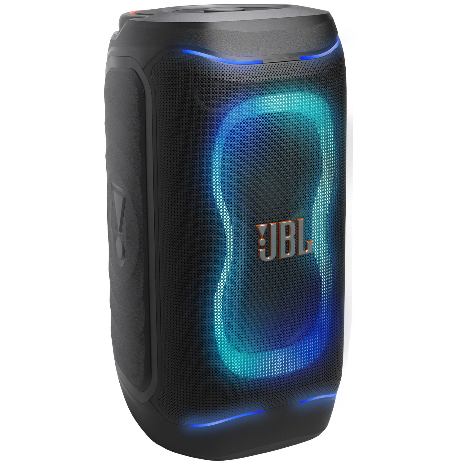 A black JBL Bluetooth speaker with blue and teal lights.