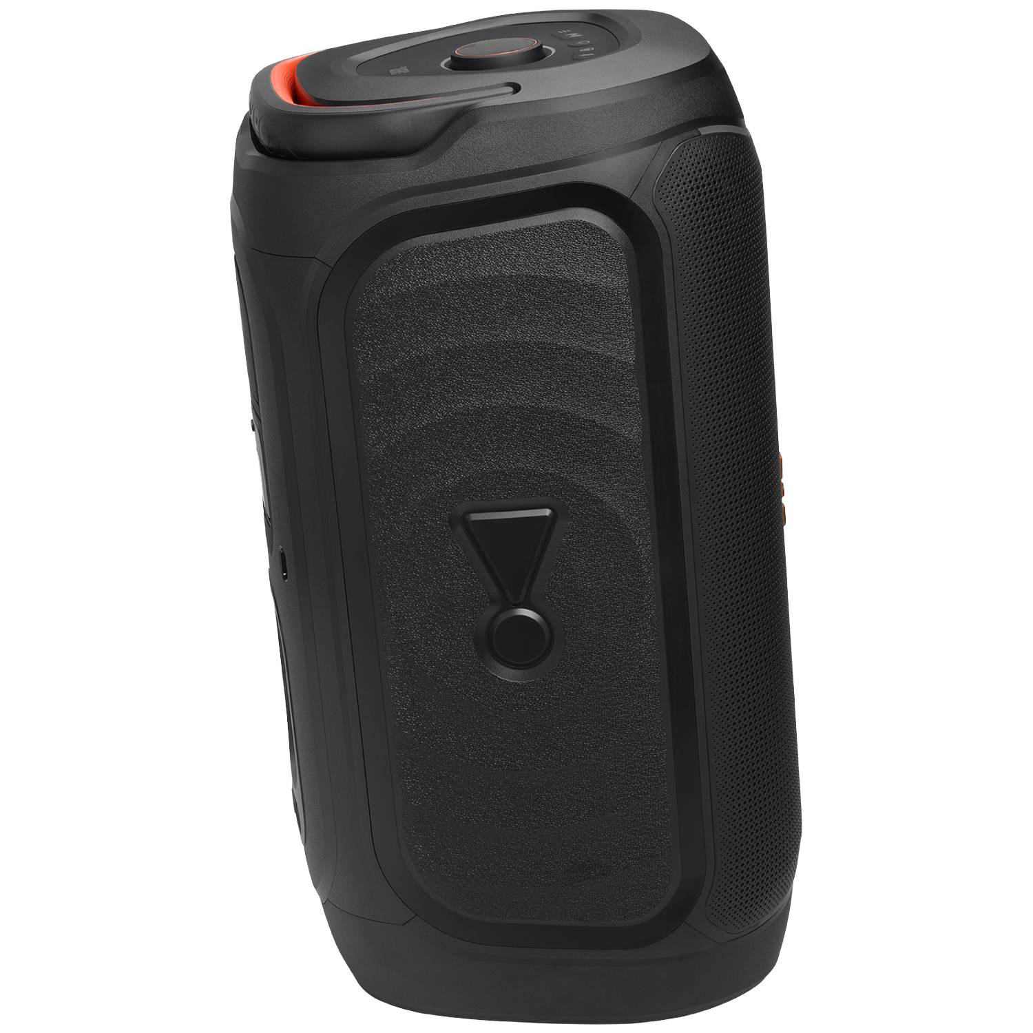 Black portable JBL speaker with orange accents on top.