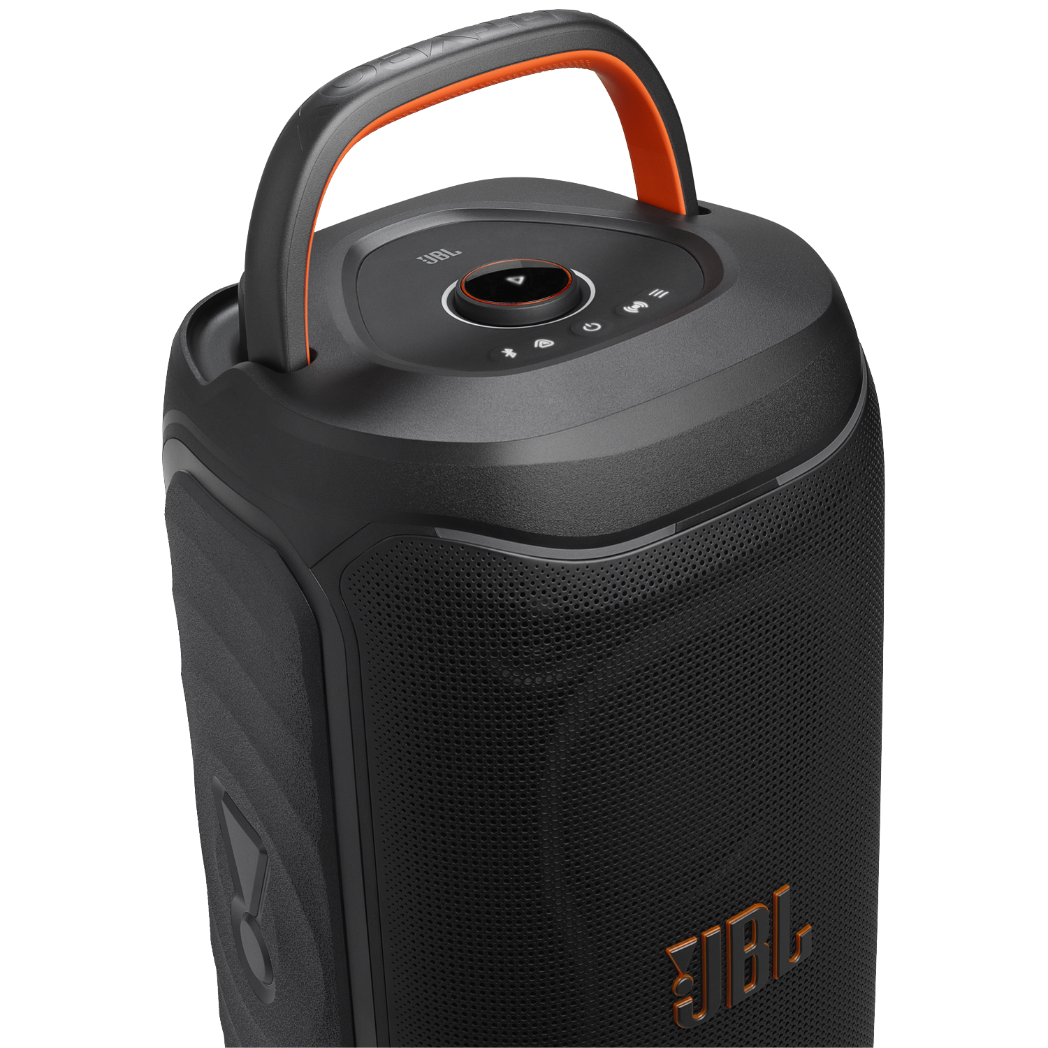 Black JBL portable speaker with orange handle and controls. Features textured sides.