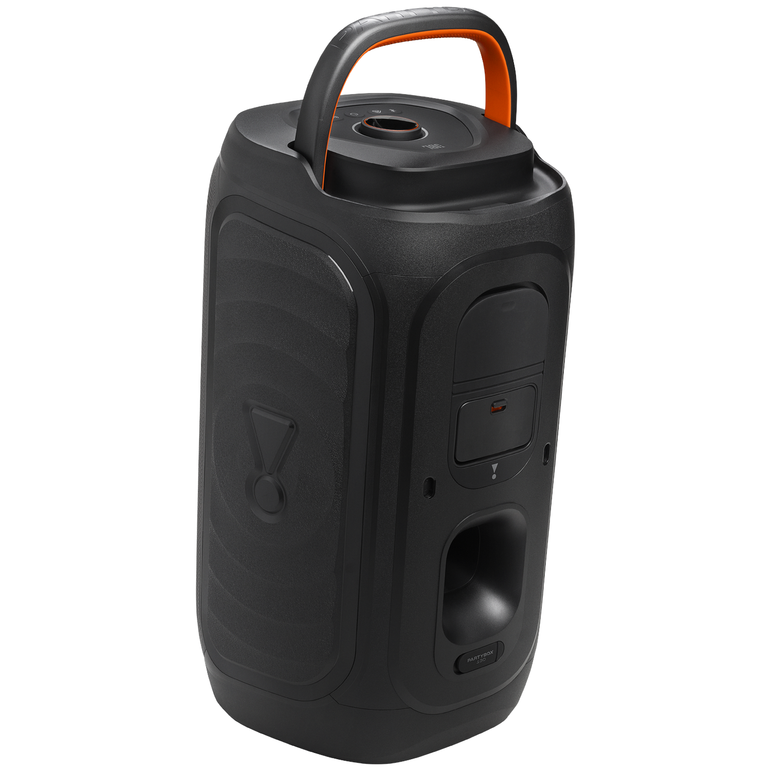 Black portable speaker with orange handle, black grille, and controls.