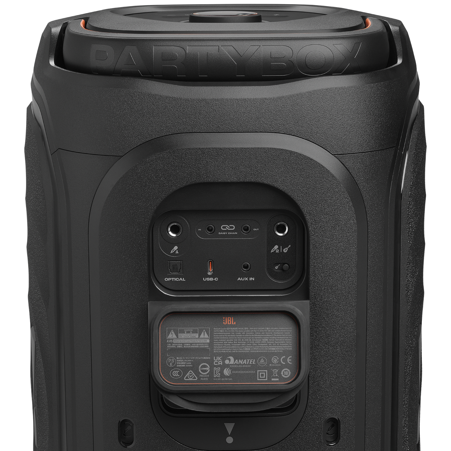 Rear view of a black JBL PartyBox speaker with ports: Optical, USB-C, Aux In, Daisy Chain.