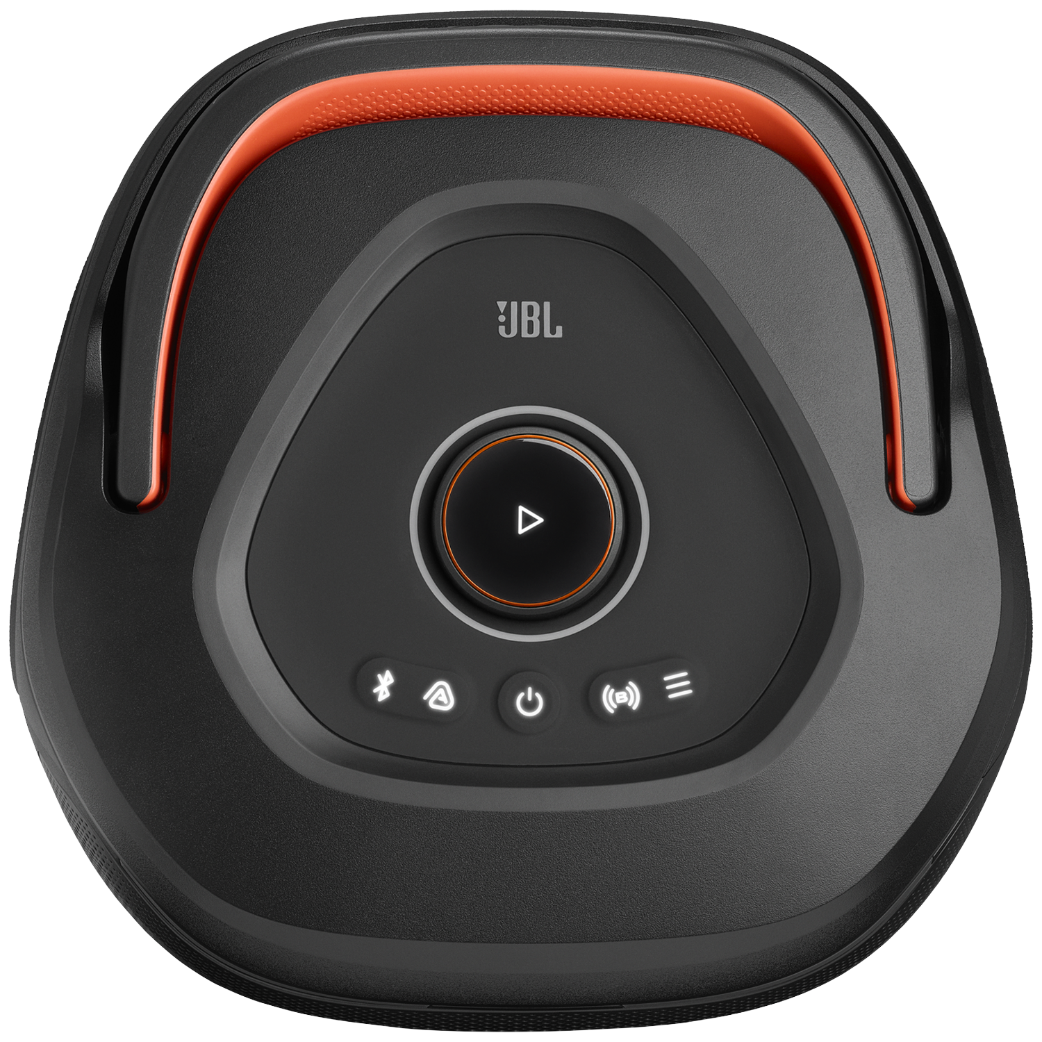 Black JBL speaker with orange accents and control buttons.