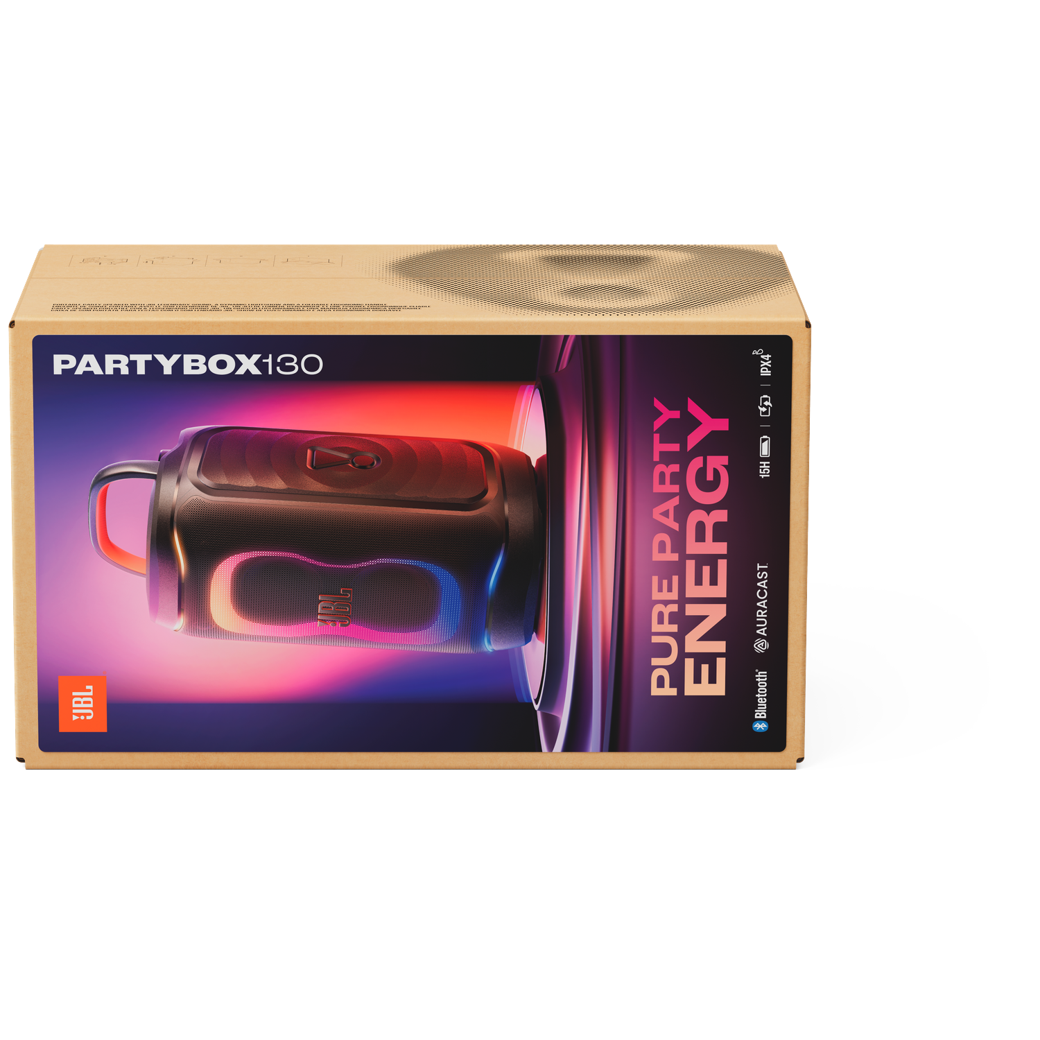 JBL Partybox 130 packaging with a speaker image and colorful lights.