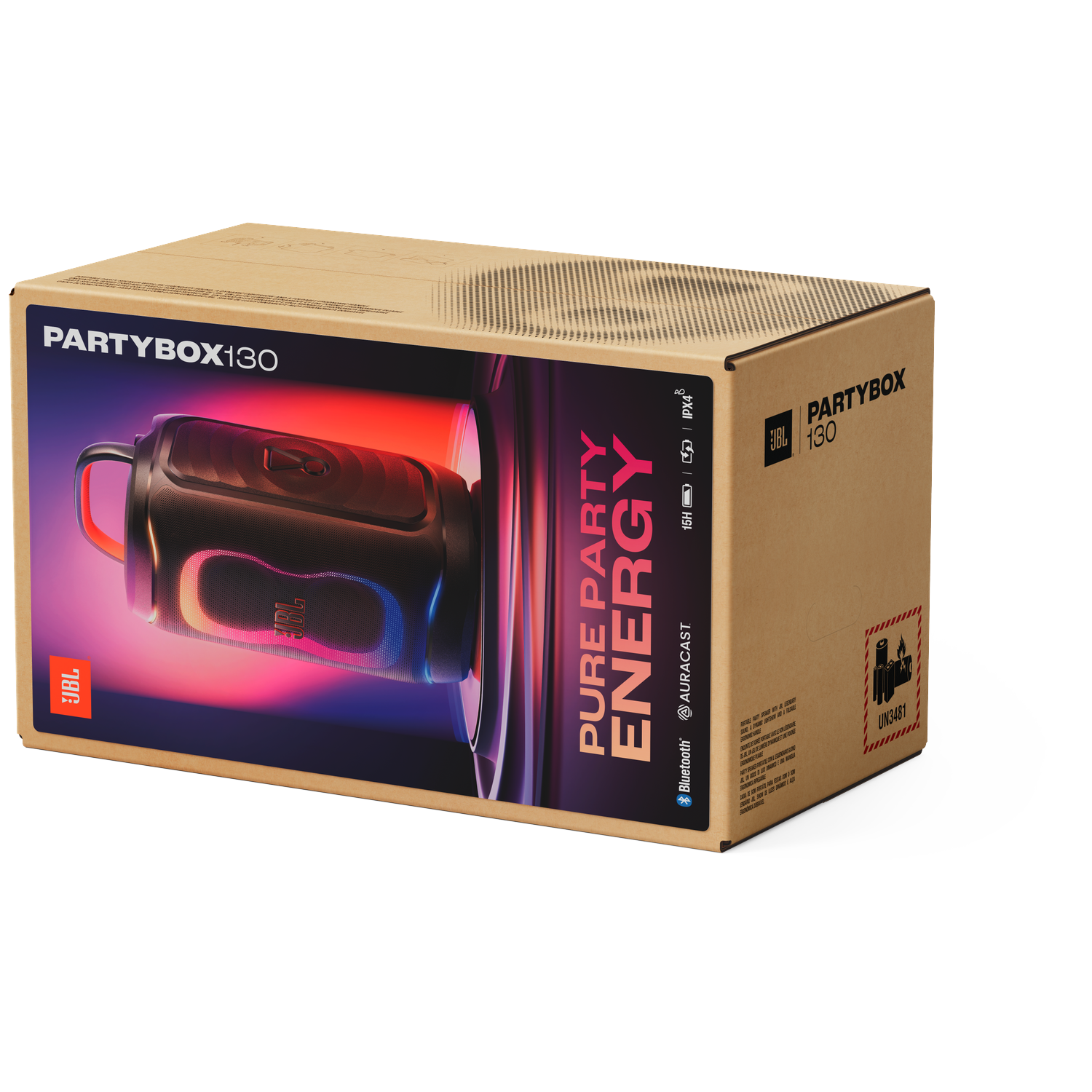 JBL Partybox 130 speaker box with product image and markings.