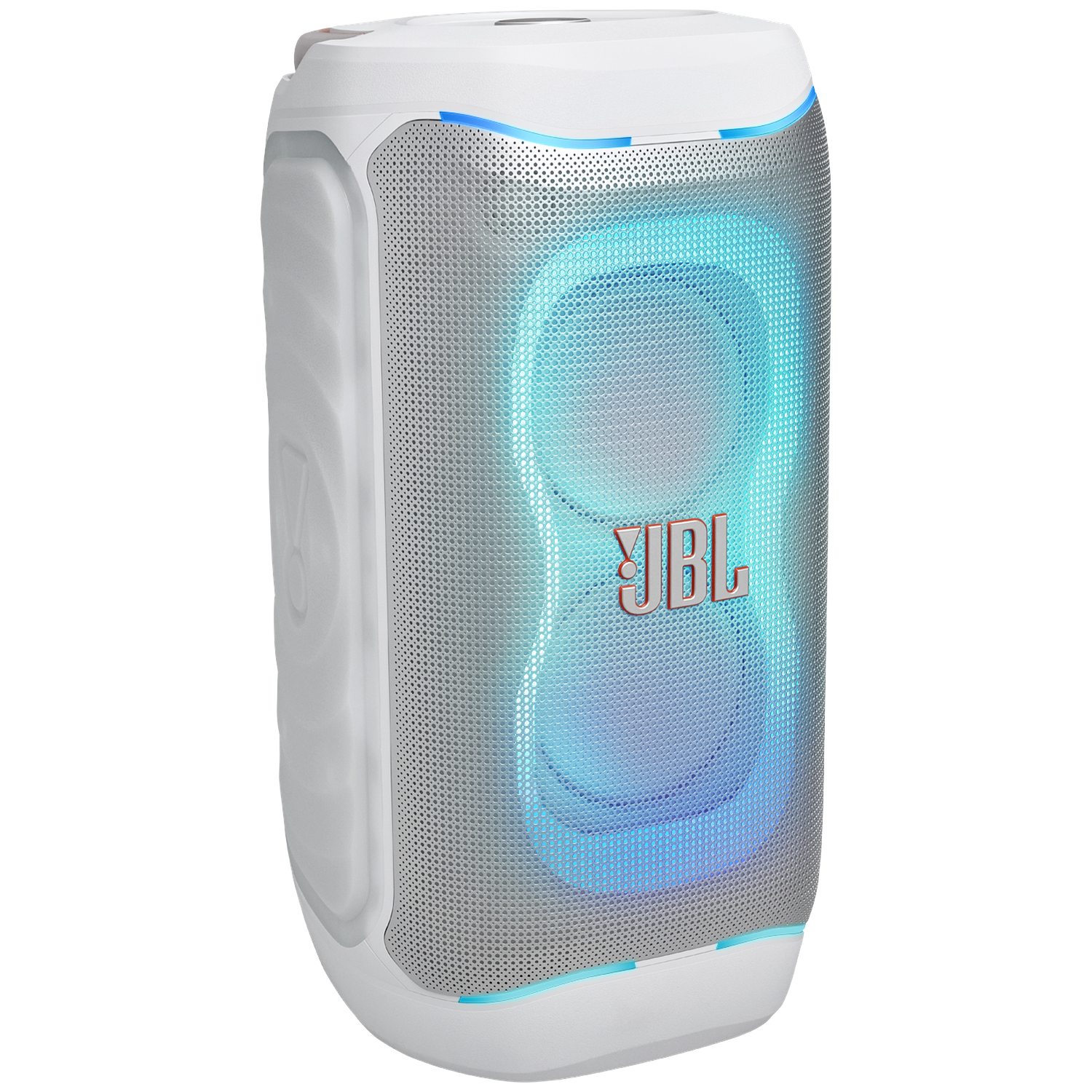 Witte JBL-luidspreker met blauwe lichten en zilveren grill.
