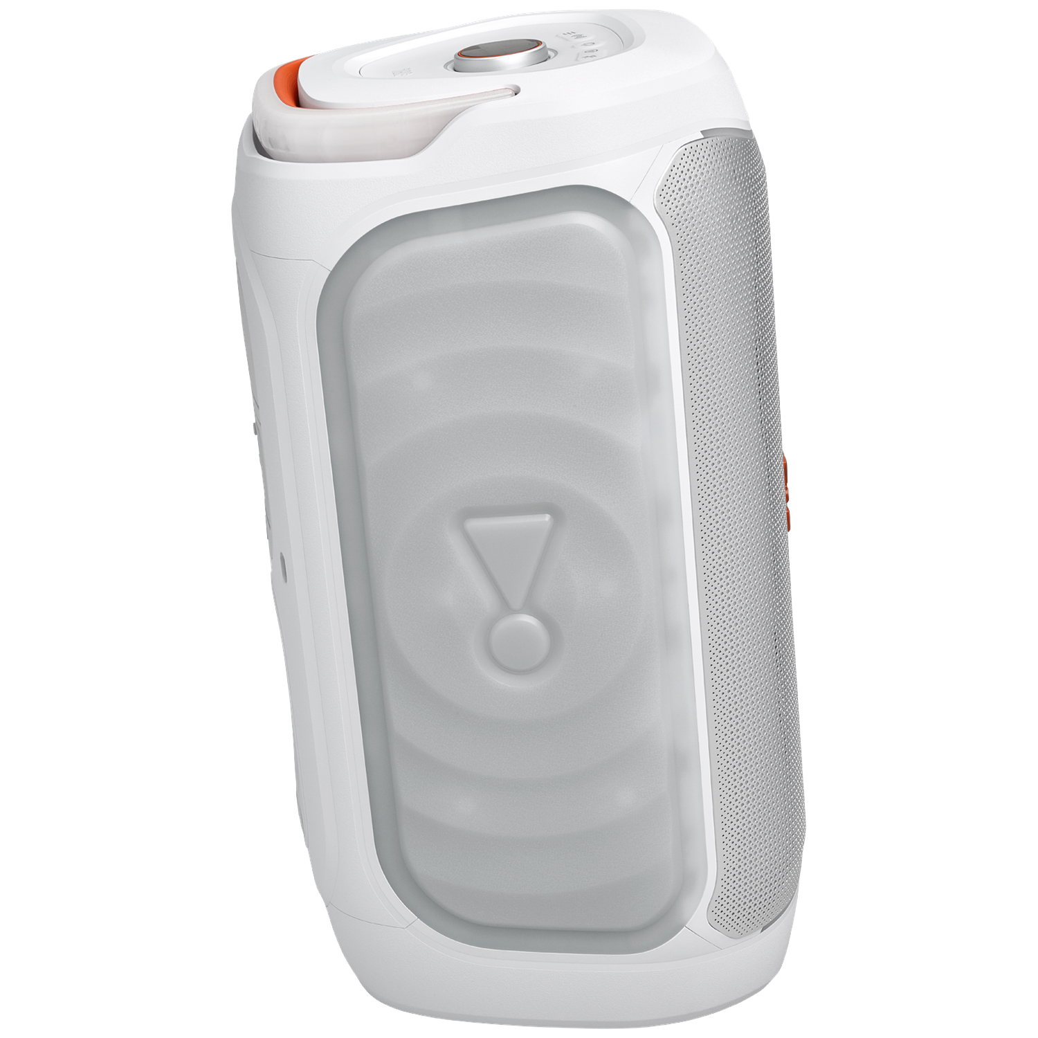 Een witte JBL-luidspreker met oranje accenten op een zwarte achtergrond.
