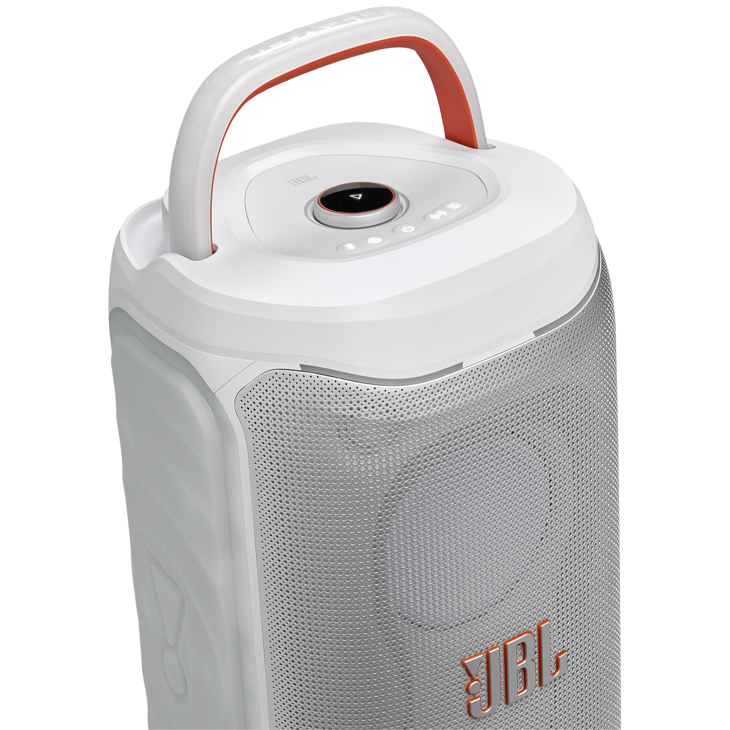 Een witte JBL-luidspreker met oranje handvat en zilverkleurig luidsprekerrooster.
