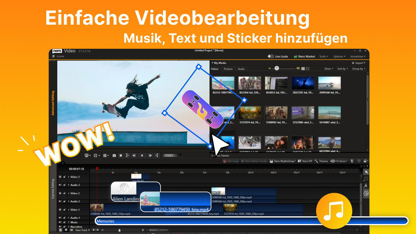 Videobearbeitungssoftware mit Zeitachse, Skateboarder im Sprung und Skateboard-Sticker.
