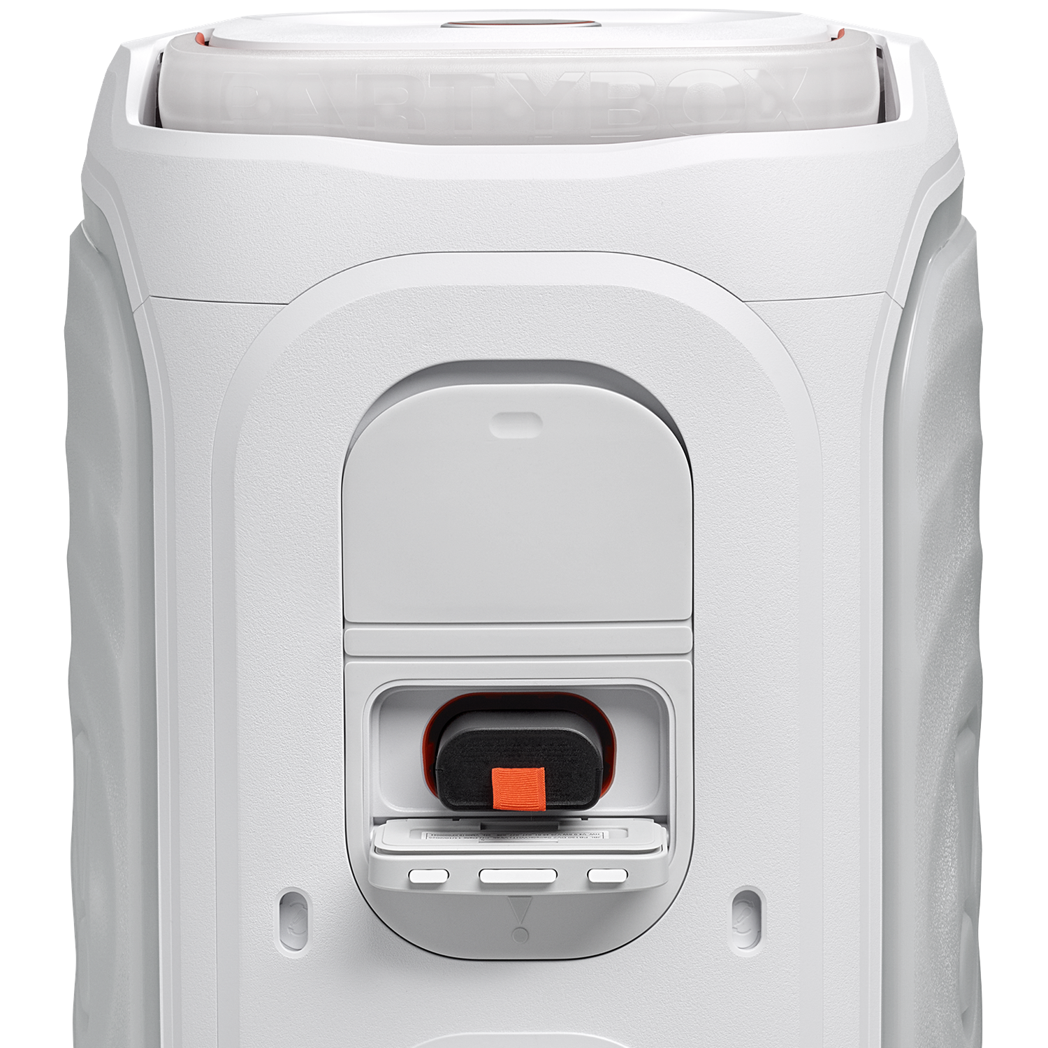 Een witte luidspreker met een vak voor een zwarte microfoon met oranje handvat.