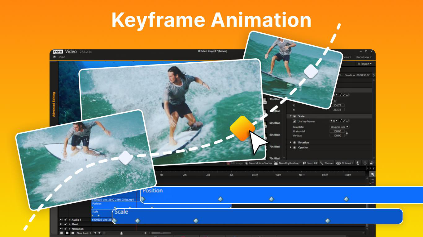 Videobearbeitungssoftware zeigt Keyframe-Animation mit einem Surfer auf einer Zeitleiste.