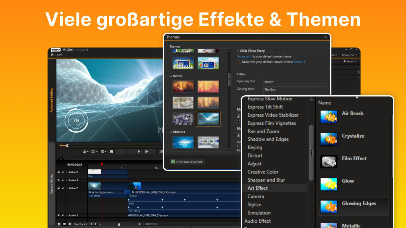 Nero Video Bearbeitungsoberfläche mit Effekten und Themes.