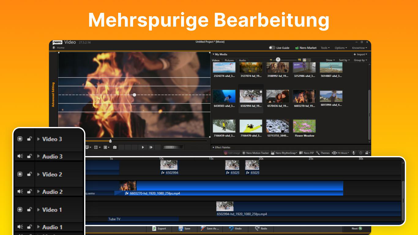 Ein Video-Editor mit Spuren für Video und Audio, Medienbibliothek und Flammen im Vorschaubild.